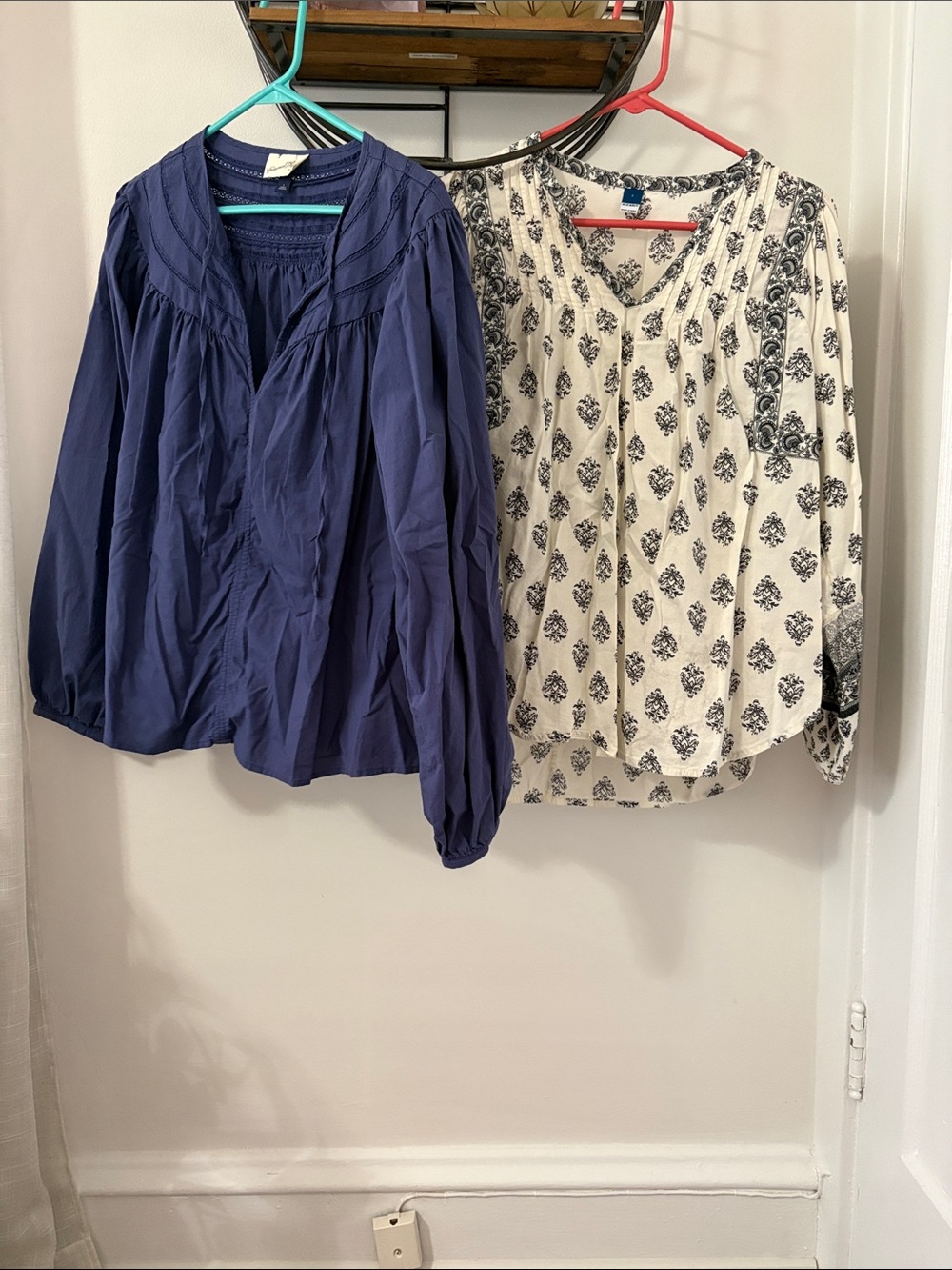 Women's Navy Peasant Blouse - Bundled with a creamLightweight Long-Sleeve Top